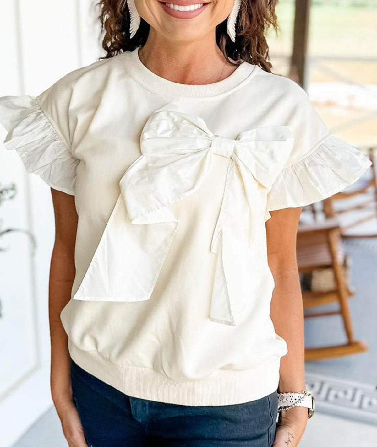 Limited time sale🔥 Contrast Ribbon Bow Ruffle Sleeve Top