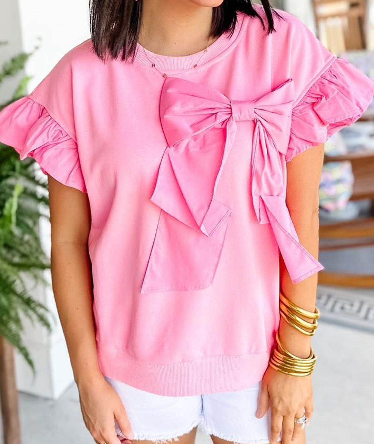 Limited time sale🔥 Contrast Ribbon Bow Ruffle Sleeve Top