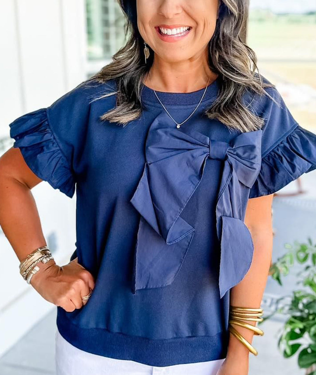 Limited time sale🔥 Contrast Ribbon Bow Ruffle Sleeve Top