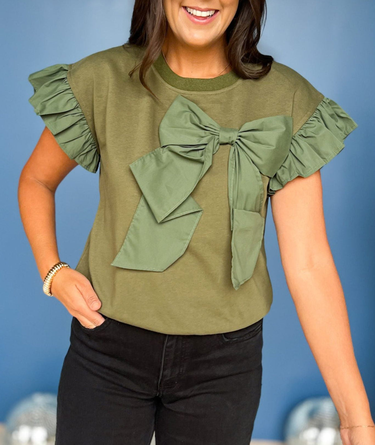 Limited time sale🔥 Contrast Ribbon Bow Ruffle Sleeve Top