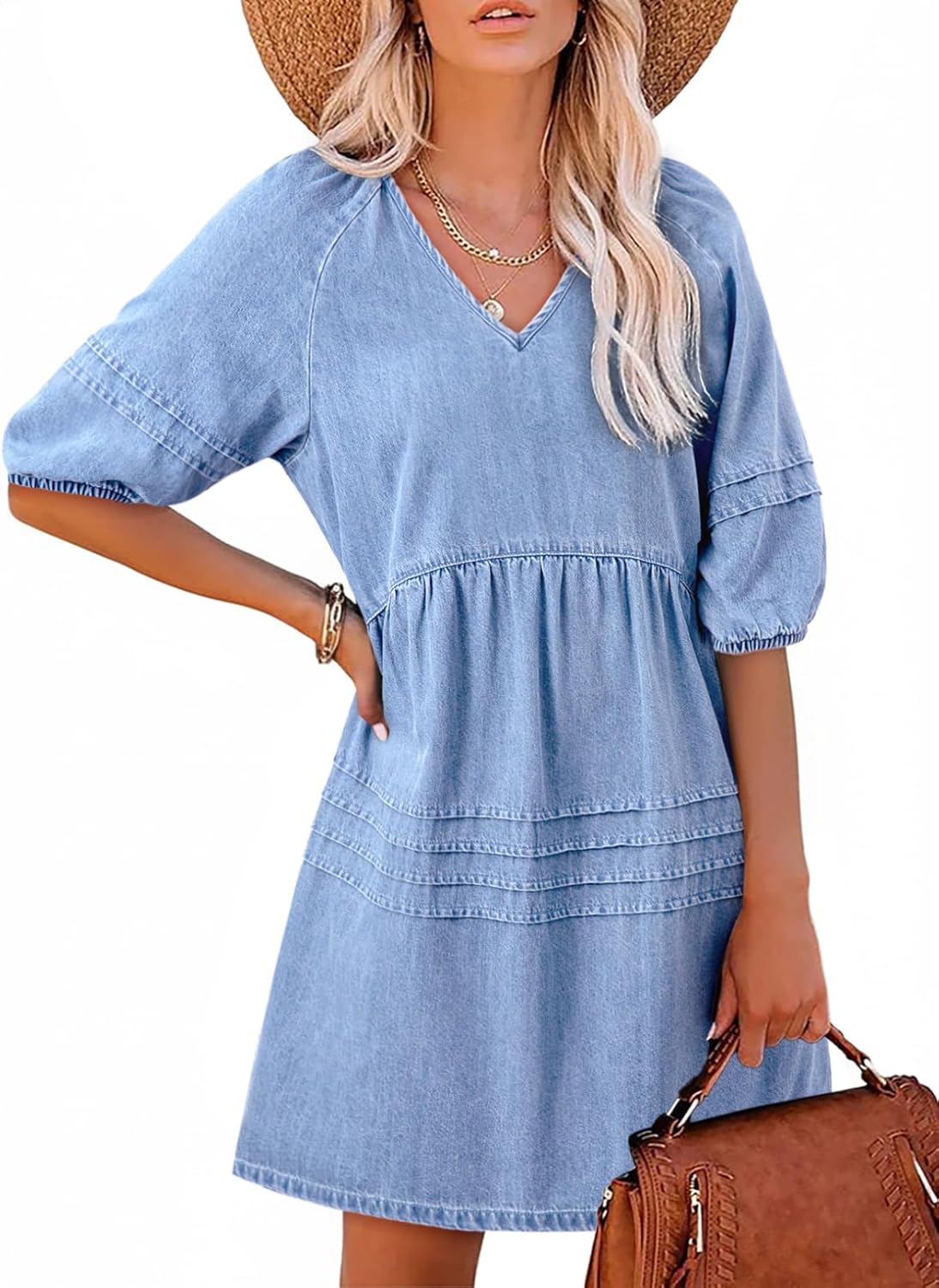 Limited time sale🔥Women Casual V Neck Puff Short Sleeve Denim Dress