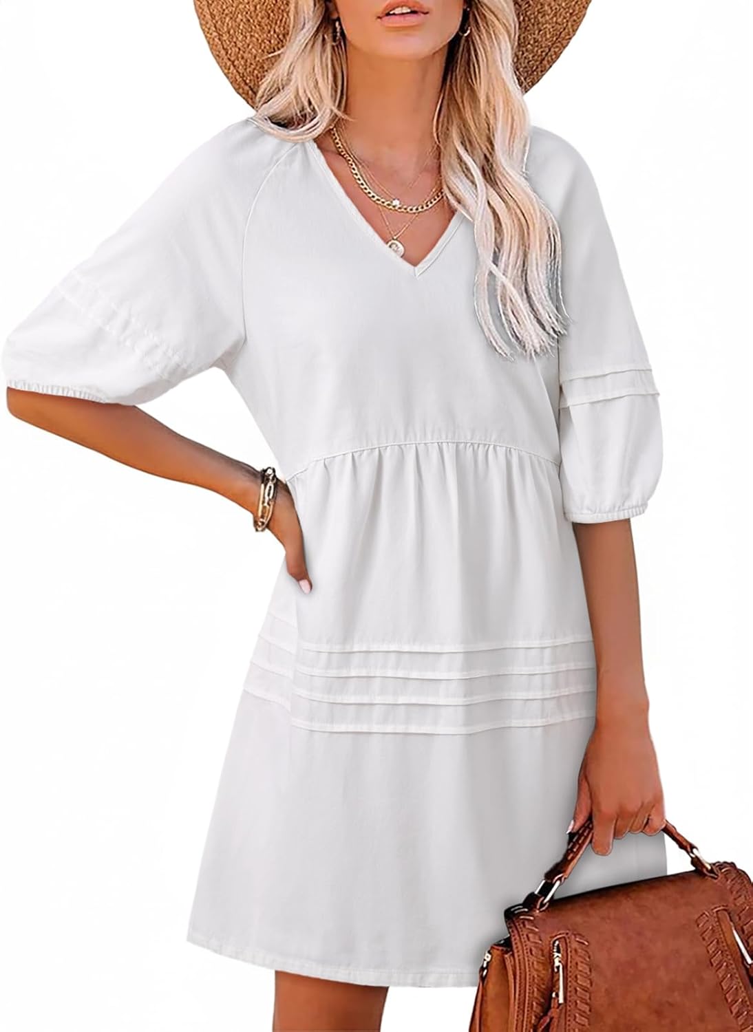 Limited time sale🔥Women Casual V Neck Puff Short Sleeve Denim Dress