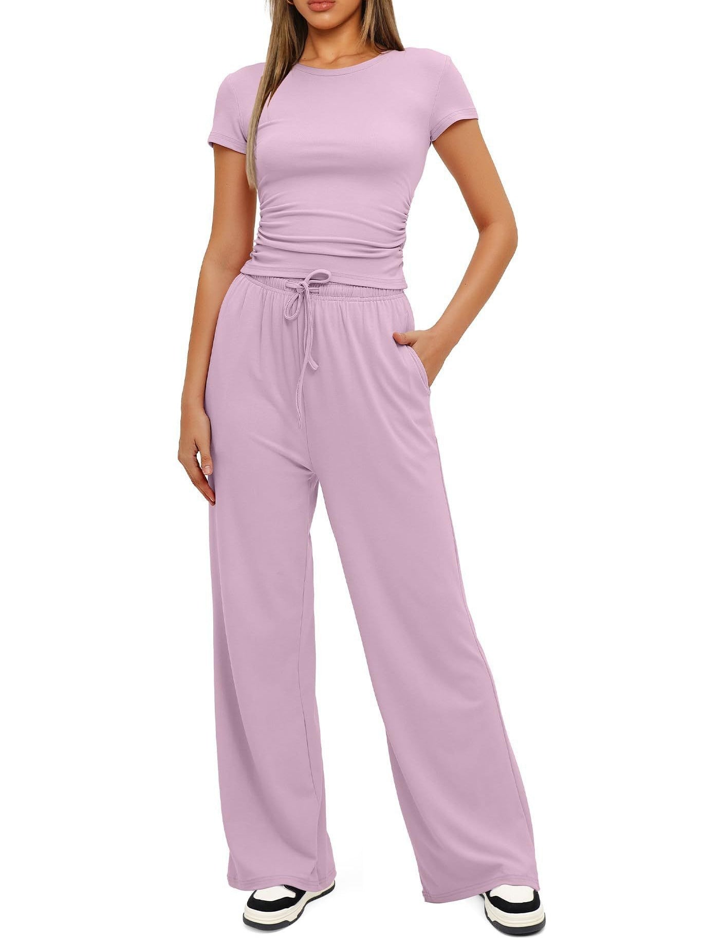 Women's Ruched Short Sleeve Tops and High Waisted Wide Leg Pants Sets