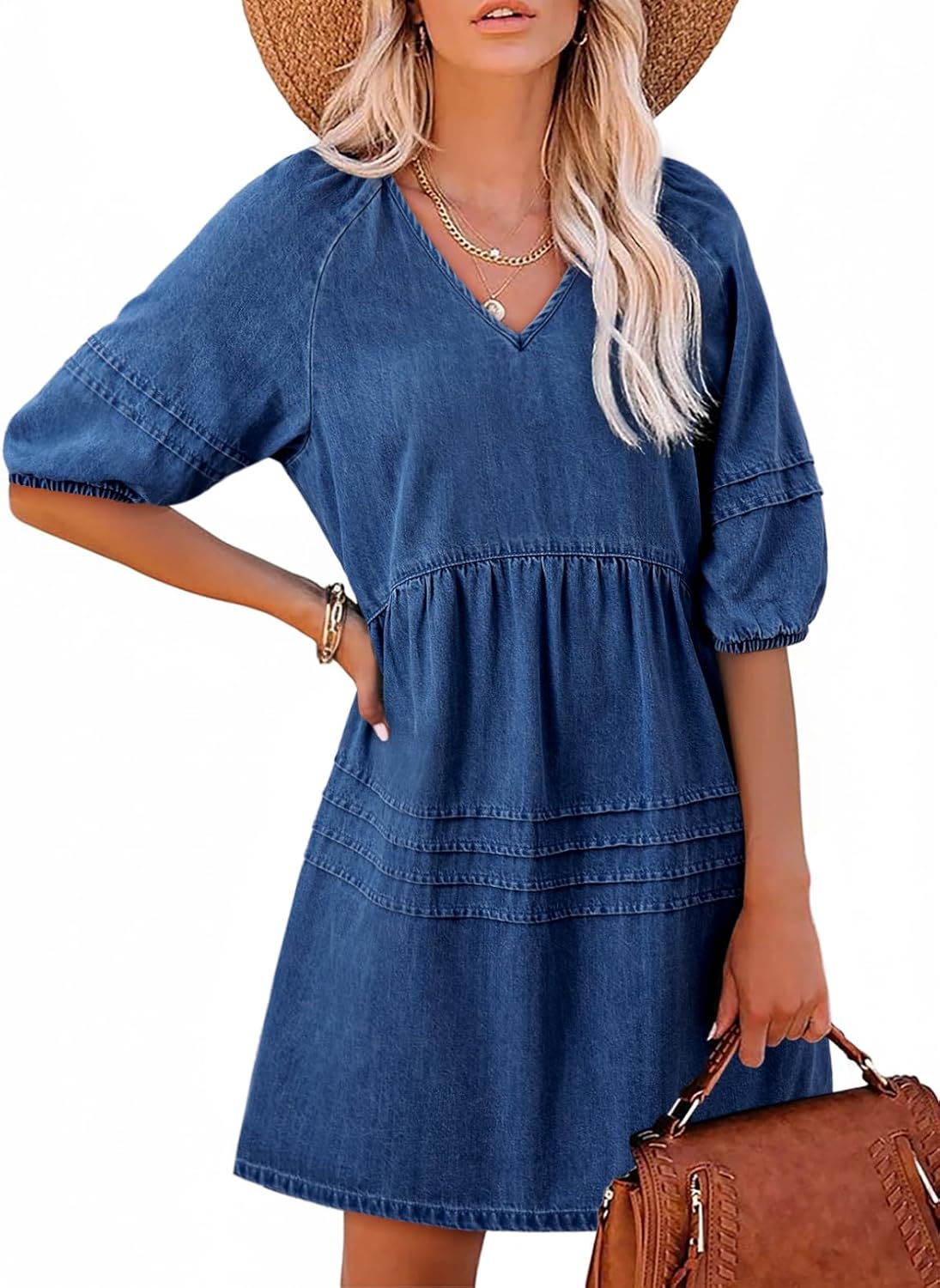 Limited time sale🔥Women Casual V Neck Puff Short Sleeve Denim Dress