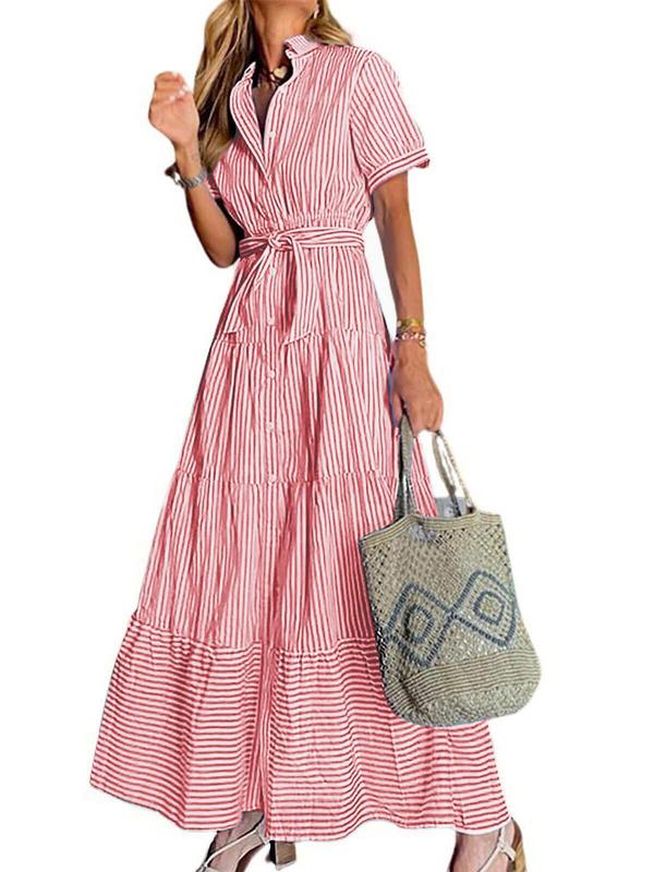 Limited time sale🔥Women Button Down Striped Dress Lapel Collar Short Sleeve Dresses