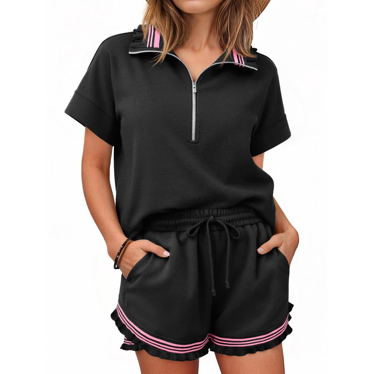 Women's Half-Zip Ruffle Trim Loungewear Set