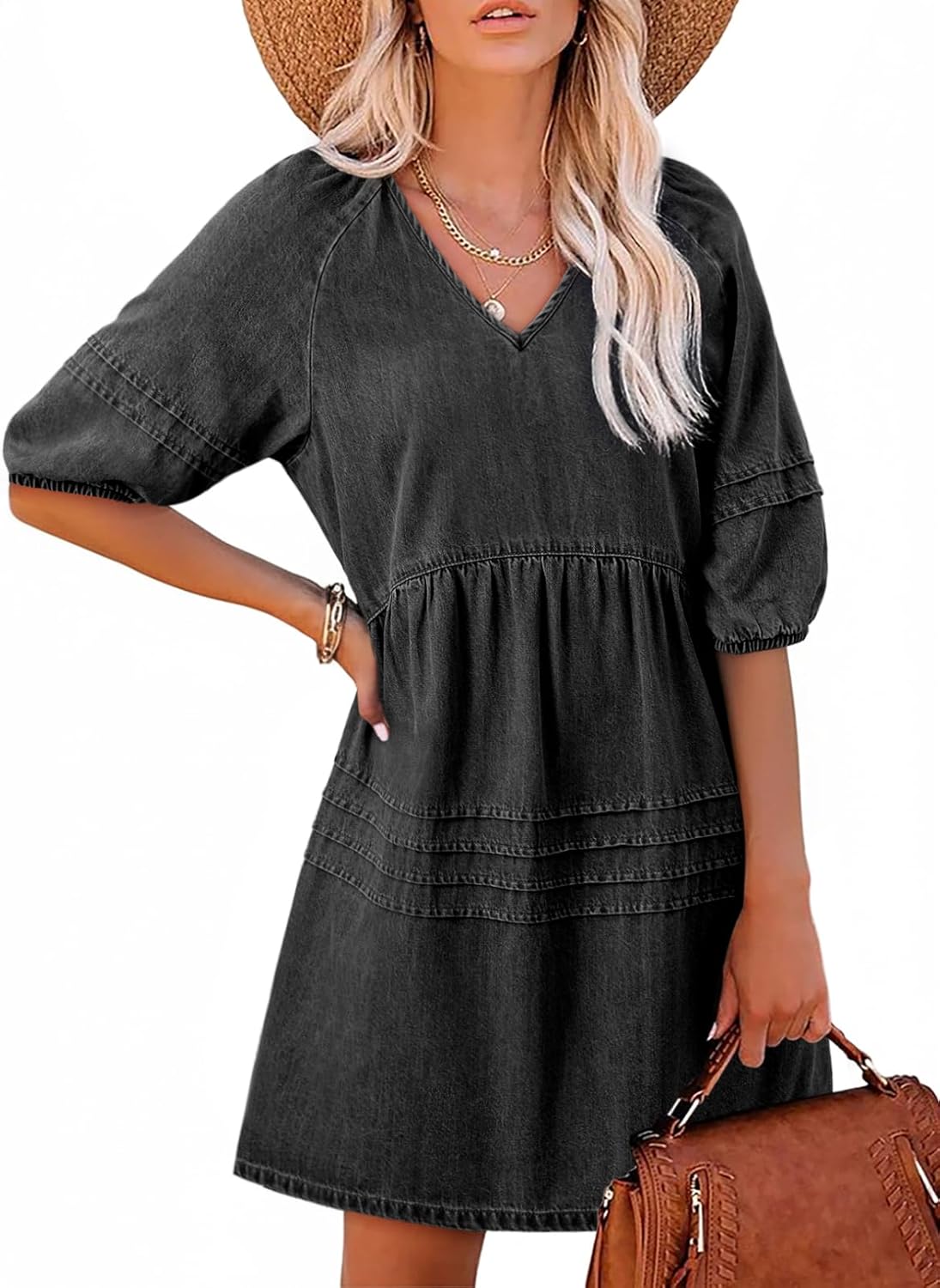 Limited time sale🔥Women Casual V Neck Puff Short Sleeve Denim Dress