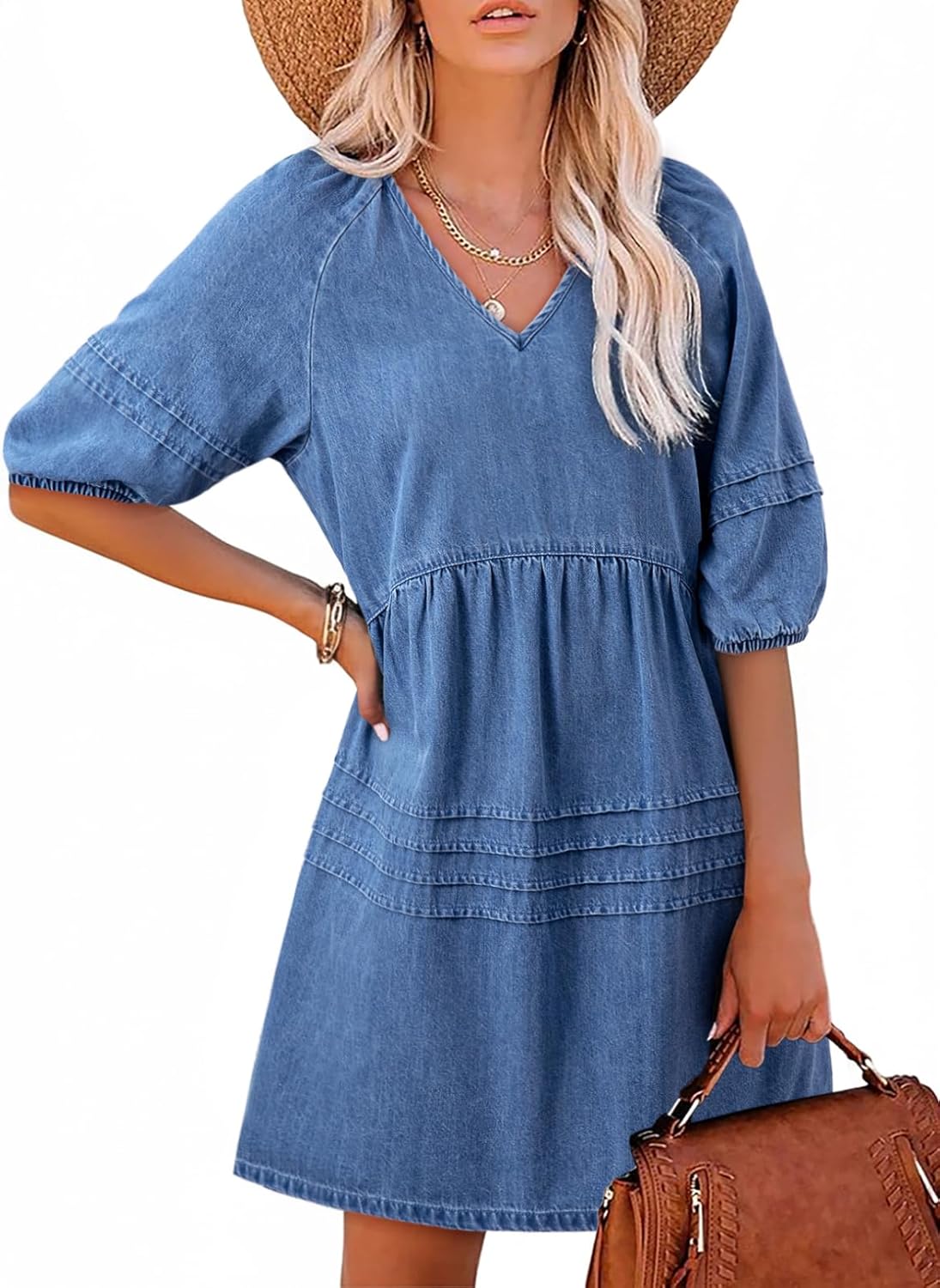 Limited time sale🔥Women Casual V Neck Puff Short Sleeve Denim Dress