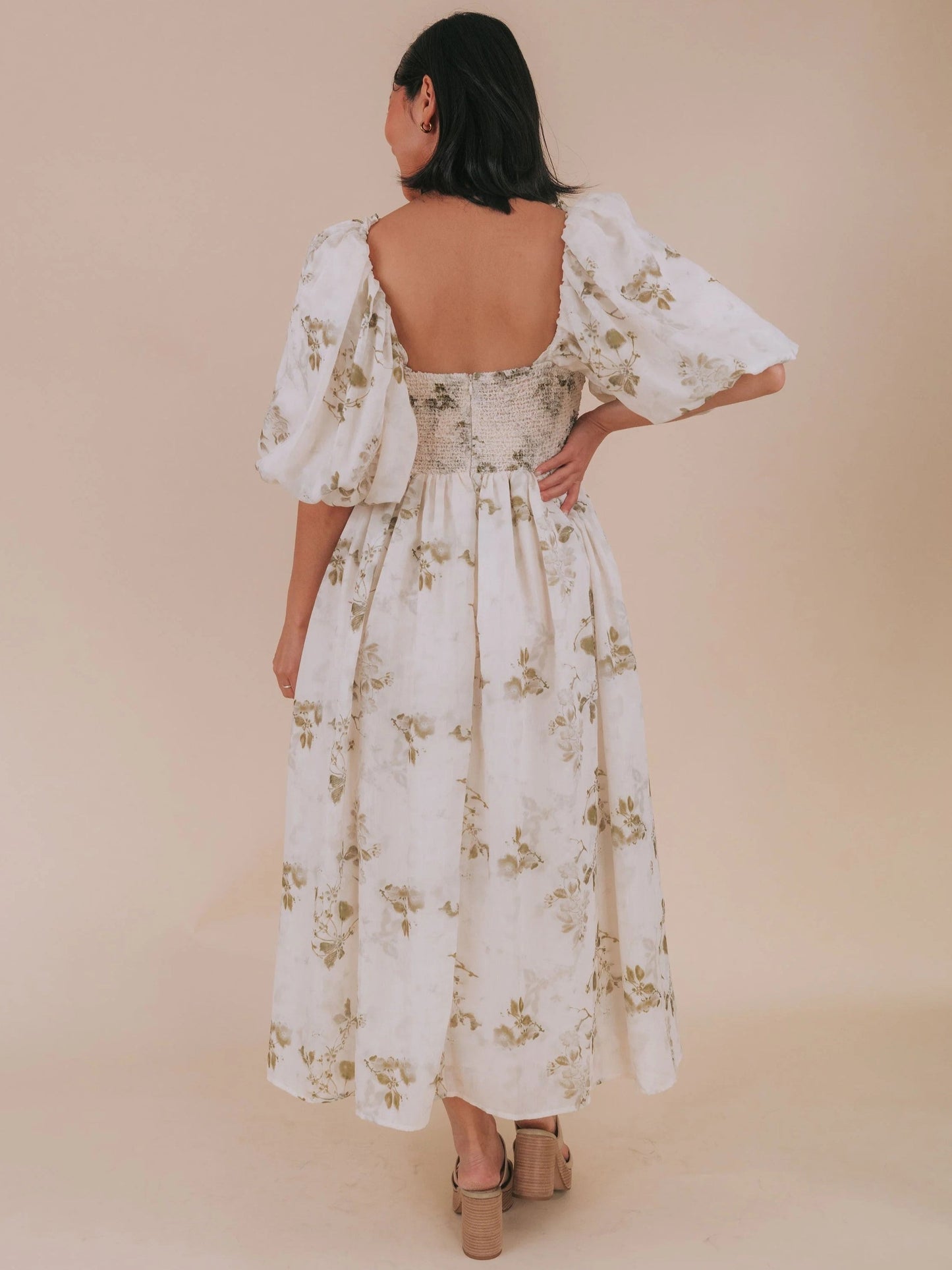 Women's Square Neck Smocked Waist Floral Dress