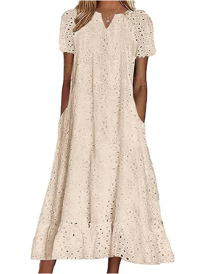 Women's Eyelet Lace Notch Neck Midi Dress with Pockets