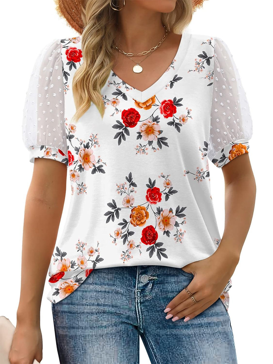 HOT SALE Women's Printed V Neck Swiss Dot Puff Sleeve Loose Casual T-Shirt