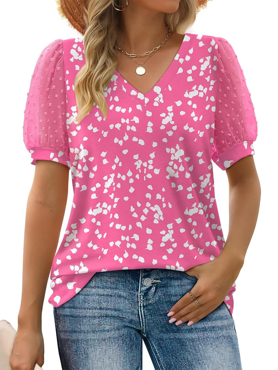 Limited time sale🔥Women's Printed V Neck Swiss Dot Puff Sleeve Loose Casual T-Shirt