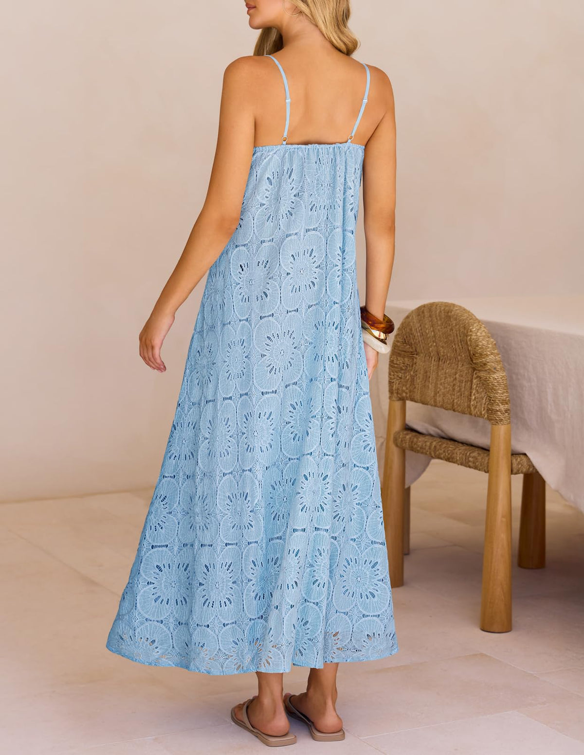 2026 Casual Sleeveless Floral Lace Eyelet Boho Beach Maxi Dress