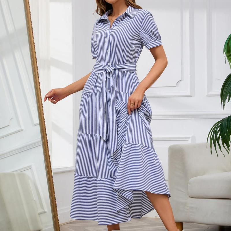 Limited time sale🔥Women Button Down Striped Dress Lapel Collar Short Sleeve Dresses