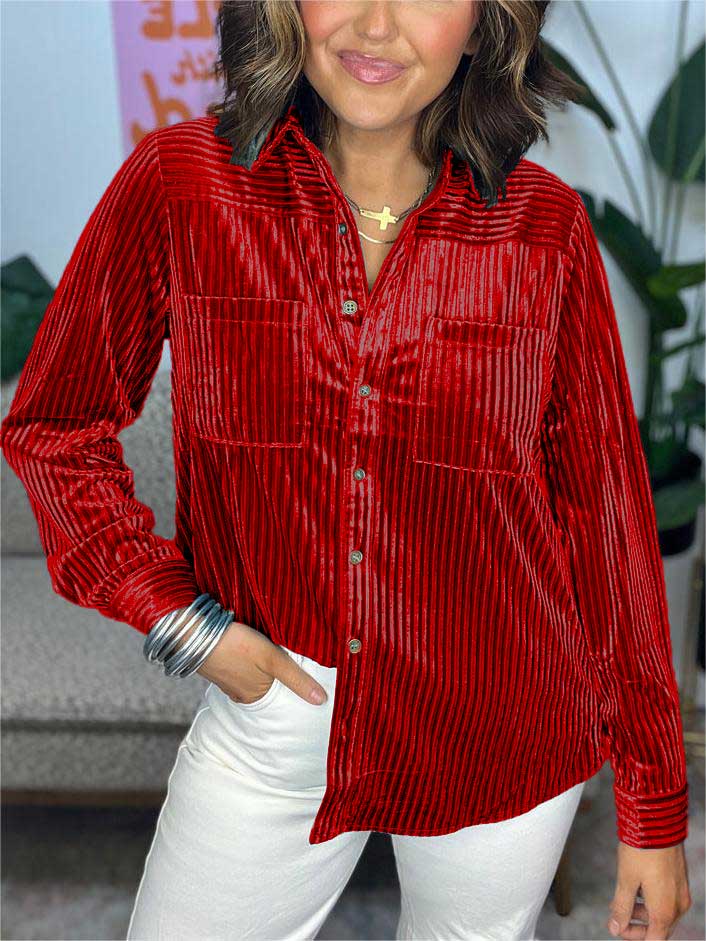 Velvet Striped Button Down Top (Buy 2 Free Shipping)