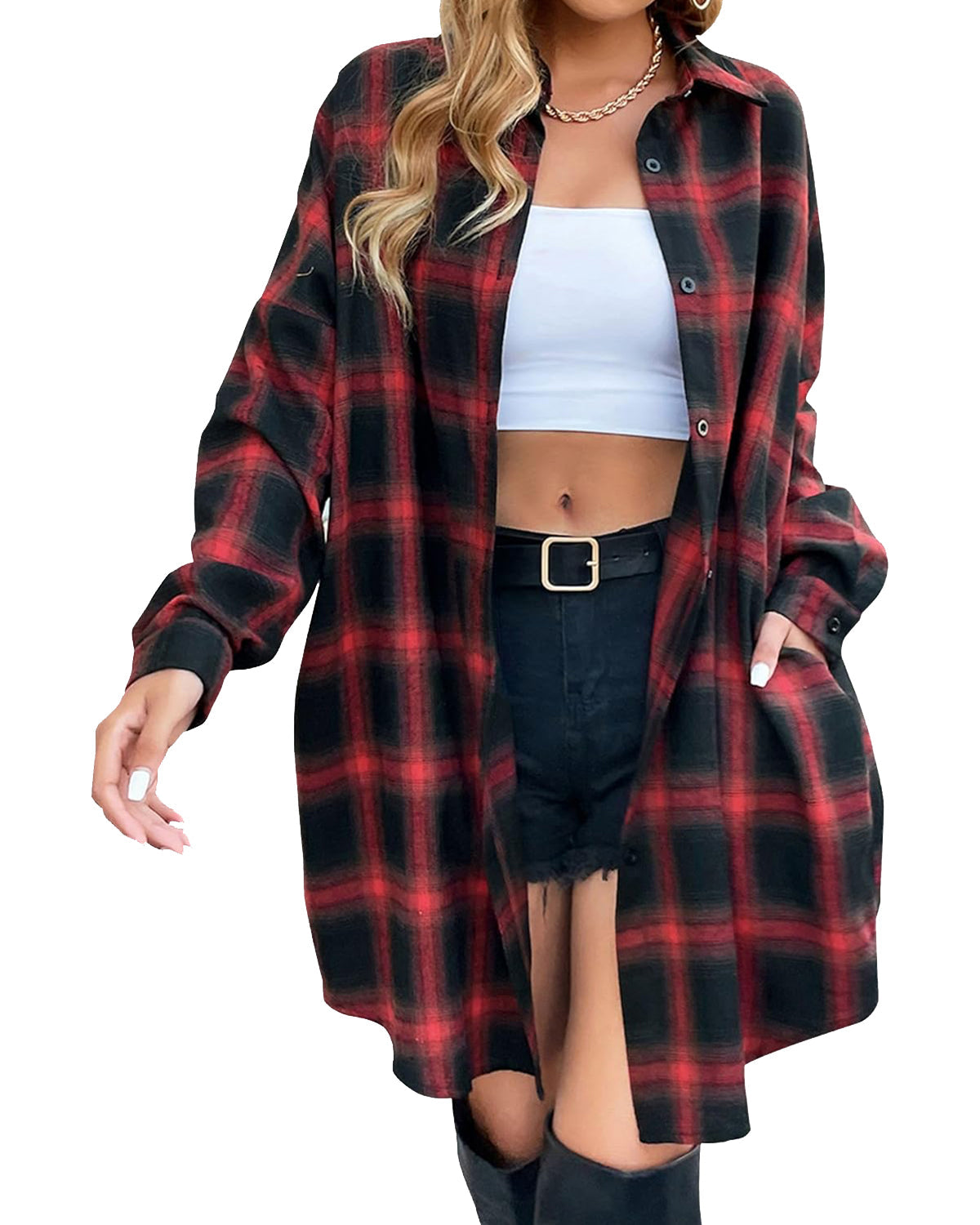 Limited time sale 🔥Women's Flannel Shirts Plaid Shacket Collared Long Jacket Coats