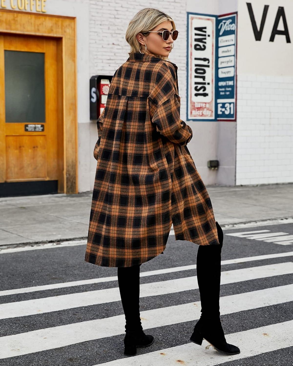 Limited time sale 🔥Women's Flannel Shirts Plaid Shacket Collared Long Jacket Coats