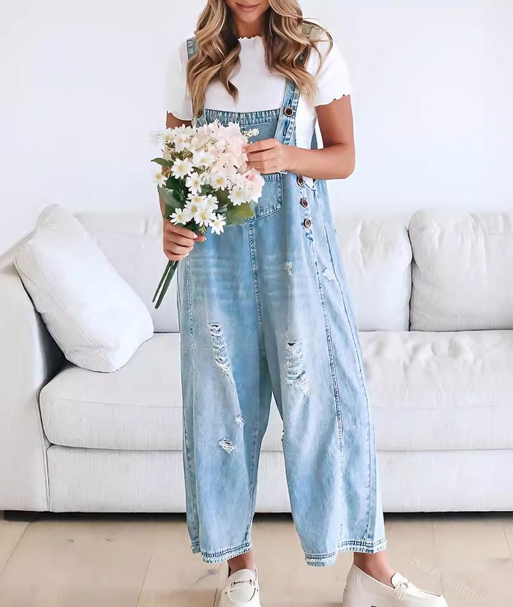 Limited time sale🔥Women's Cute Casual Button Jumpsuit Ripped Denim Overalls
