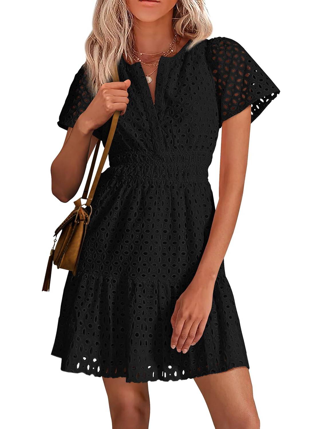 Limited time sale🔥Women's V Neck Short Sleeve A Line Hollow Out Lace Dress
