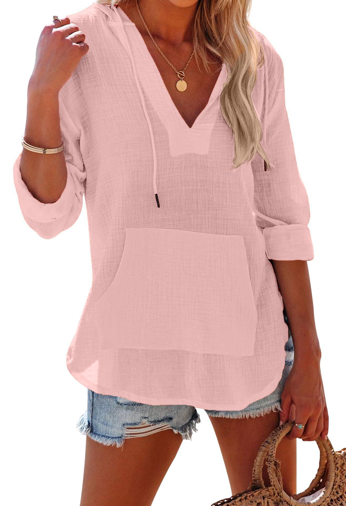 Limited time sale🔥 Women's Long Sleeve V Neck Pocketed Hooded Shirt Top