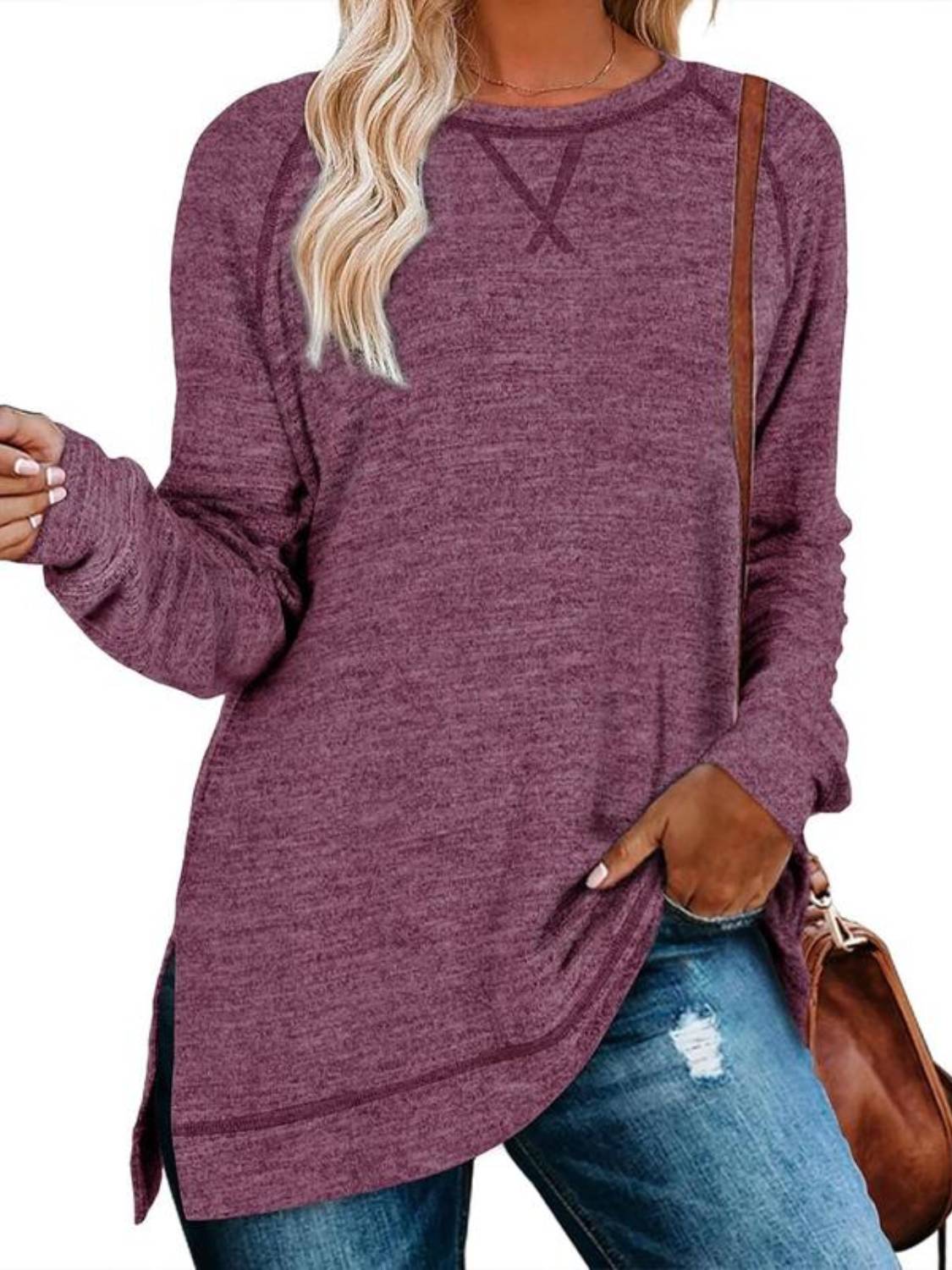 Limited time sale🔥Women Fall Side slit Long Sleeve Shirts Tunic Tops