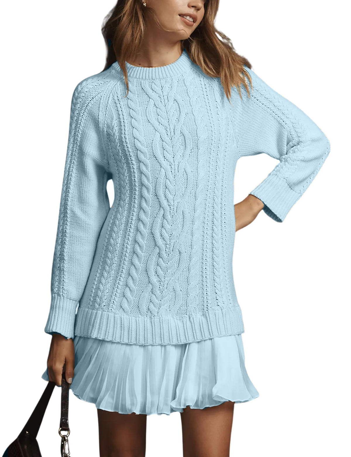 Limited time sale🔥Women Crewneck Cable Knit Sweater Mini Dress