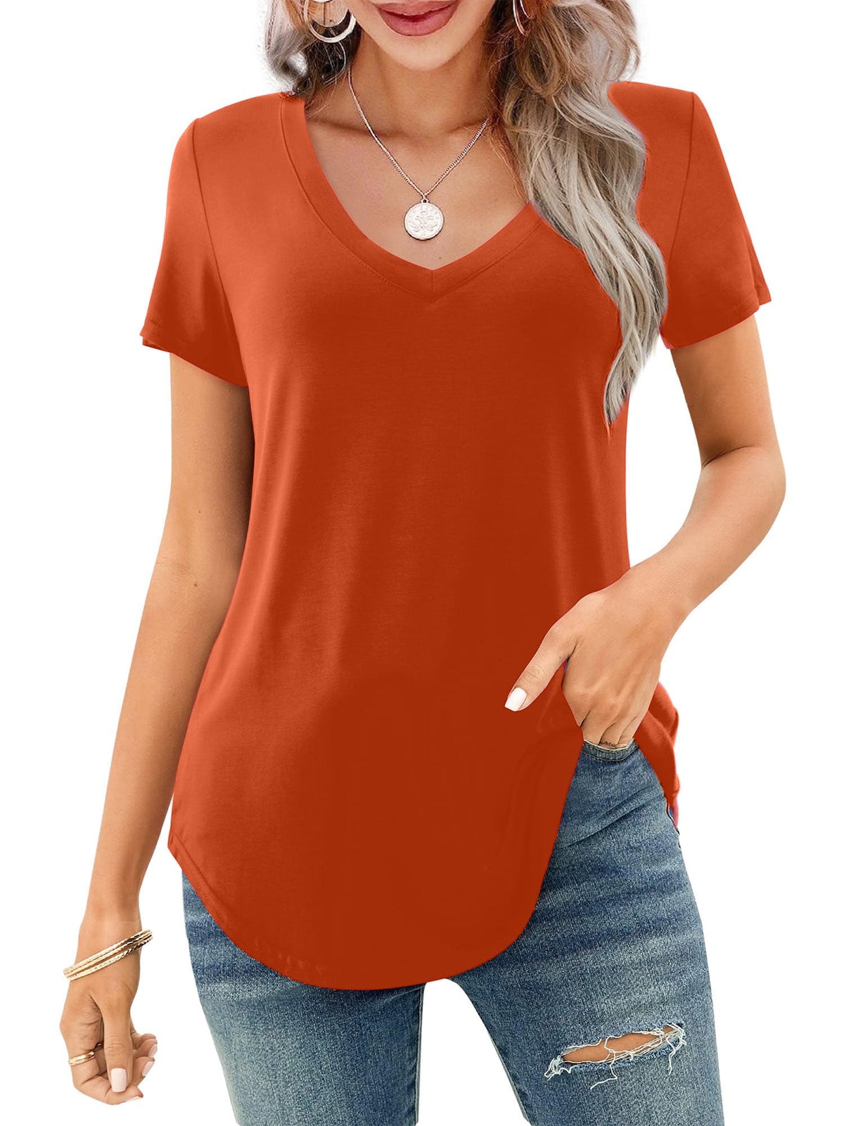 Limited time sale🔥Women's V-neck Short Sleeve Curved Hem Tee Top