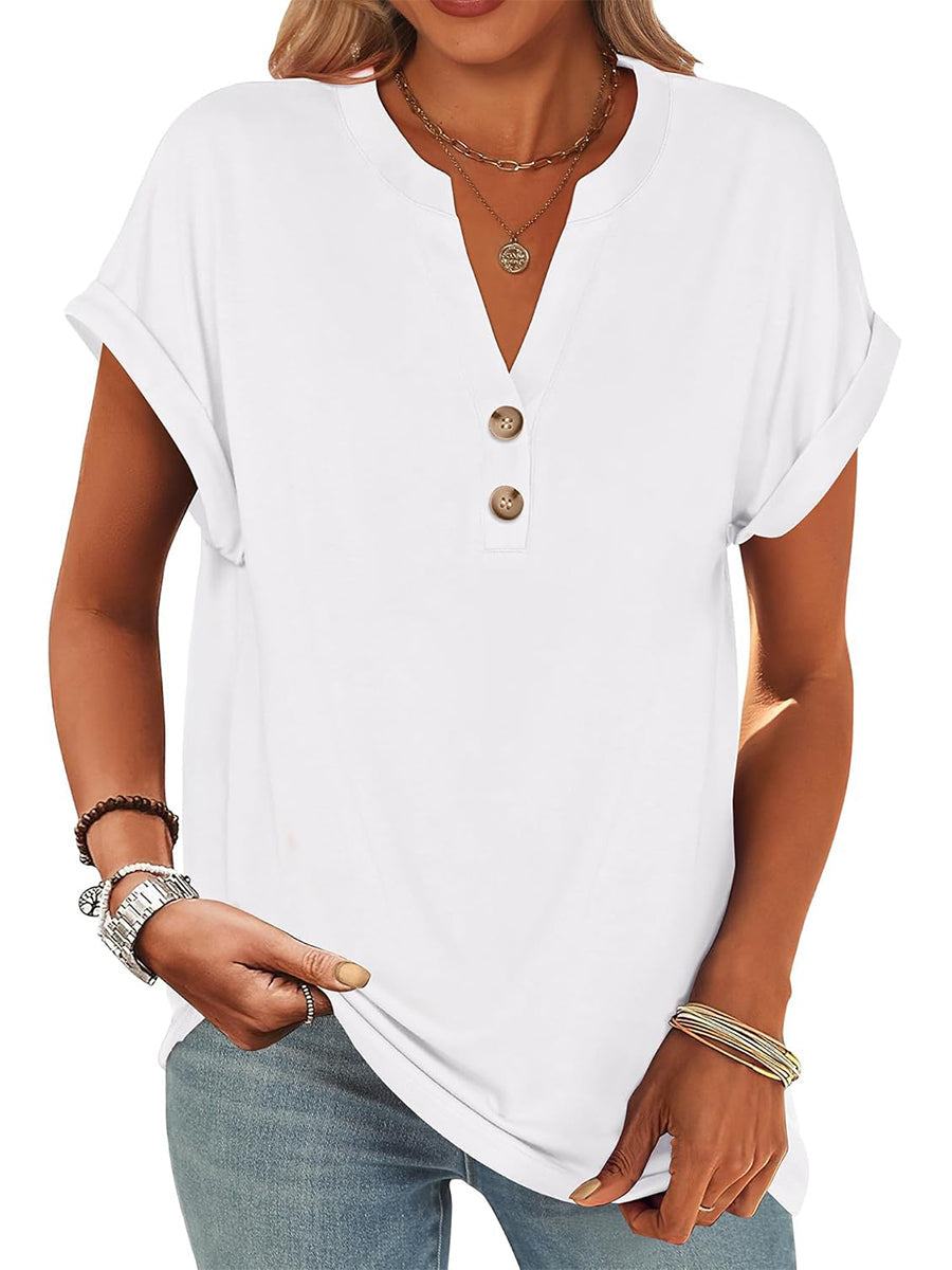 Limited time sale🔥Women's V Neck Button Casual Loose Fit Short Sleeve Henley Tops