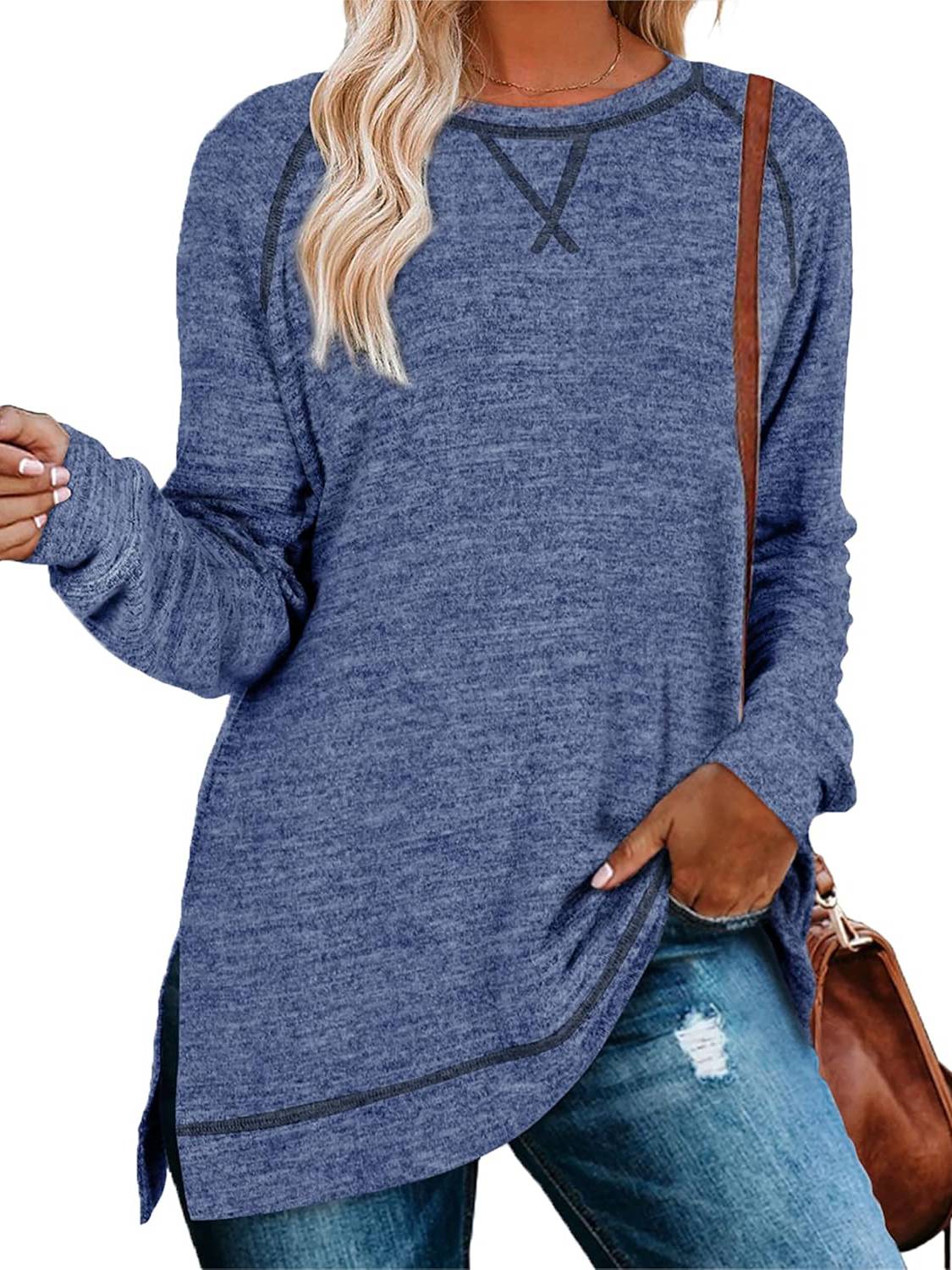 Limited time sale🔥Women Fall Side slit Long Sleeve Shirts Tunic Tops