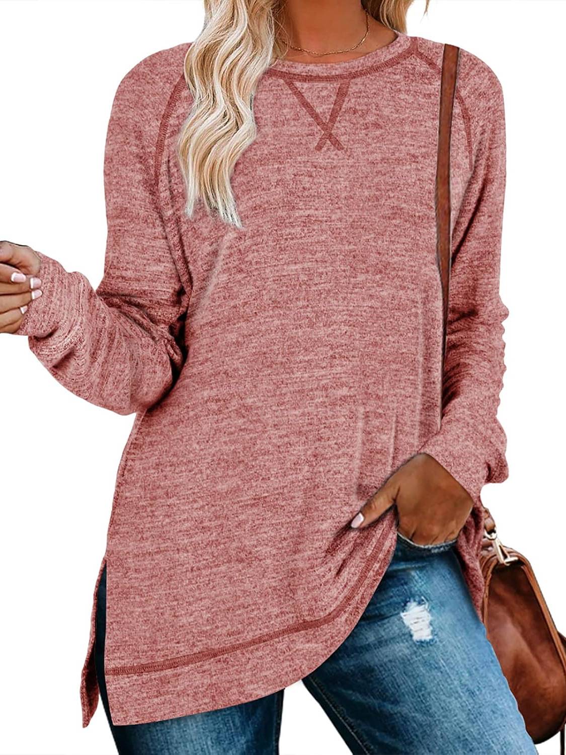 Limited time sale🔥Women Fall Side slit Long Sleeve Shirts Tunic Tops