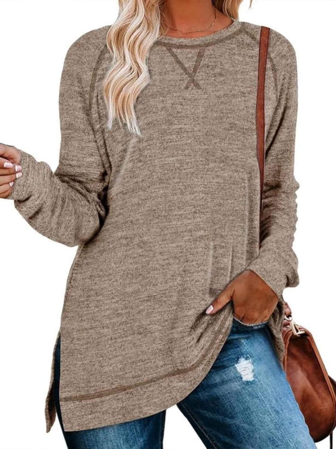 Limited time sale🔥Women Fall Side slit Long Sleeve Shirts Tunic Tops