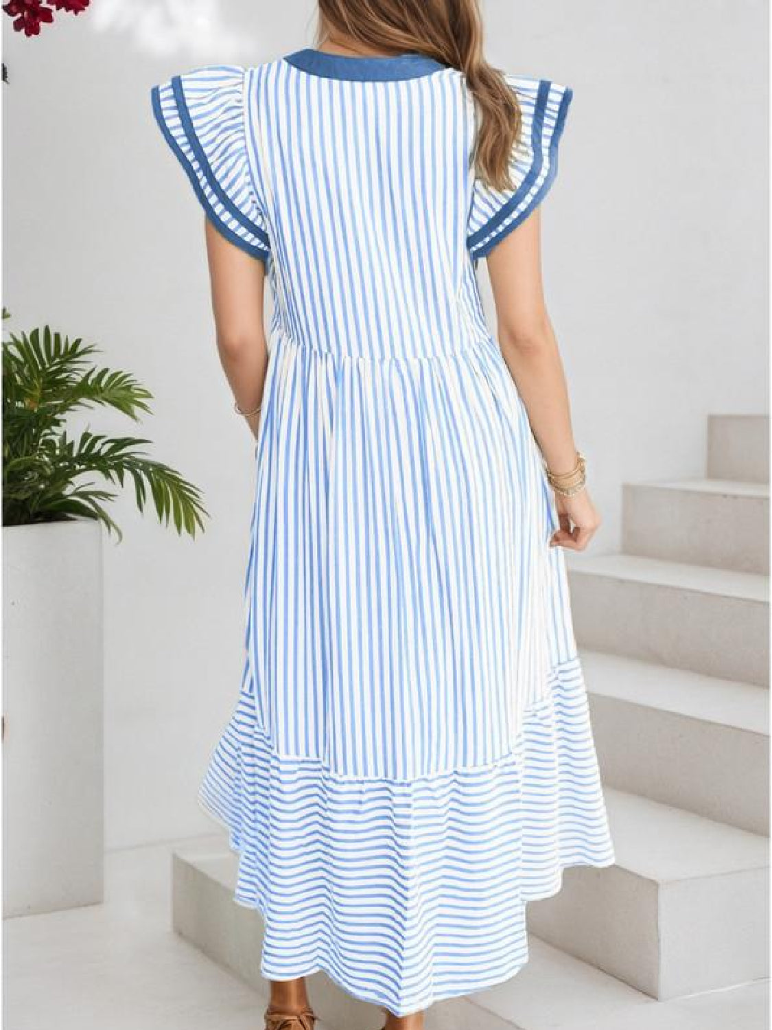 Limited time sale🔥Women's V-Neck Ruffle Striped Beach Midi Maxi Dress with Pockets