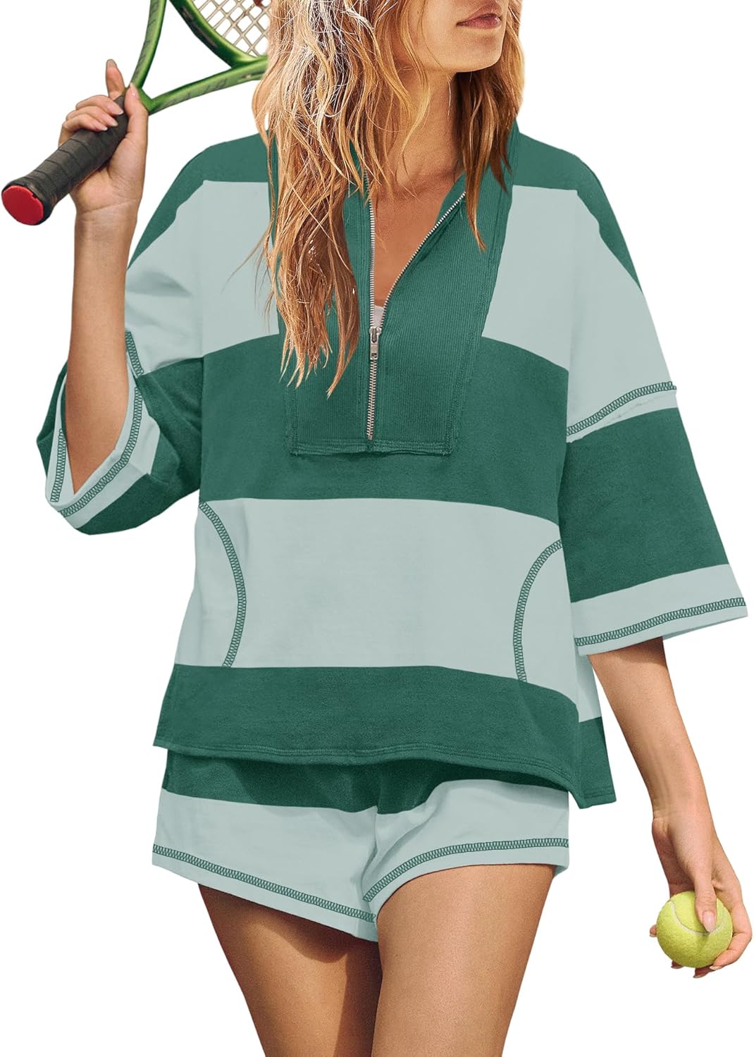 Limited time sale🔥Women's Quarter Zip Color Block Top & Shorts Matching Set
