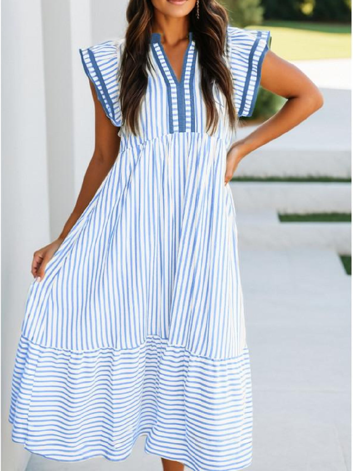 Limited time sale🔥Women's V-Neck Ruffle Striped Beach Midi Maxi Dress with Pockets