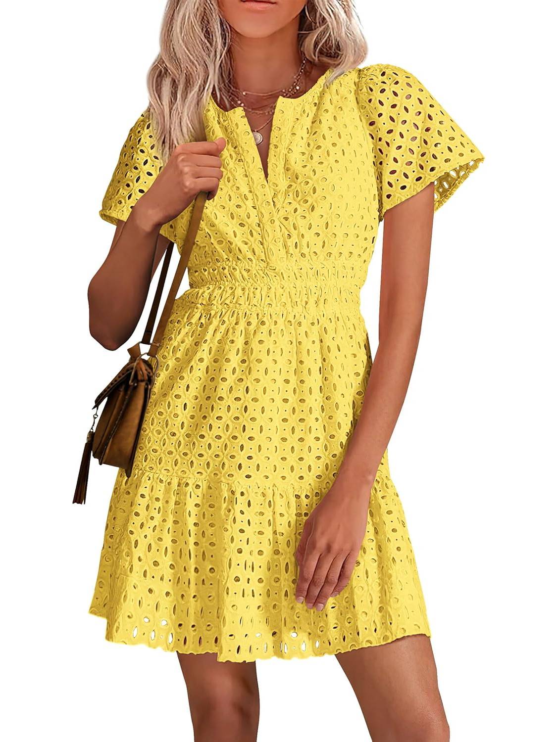 Limited time sale🔥Women's V Neck Short Sleeve A Line Hollow Out Lace Dress