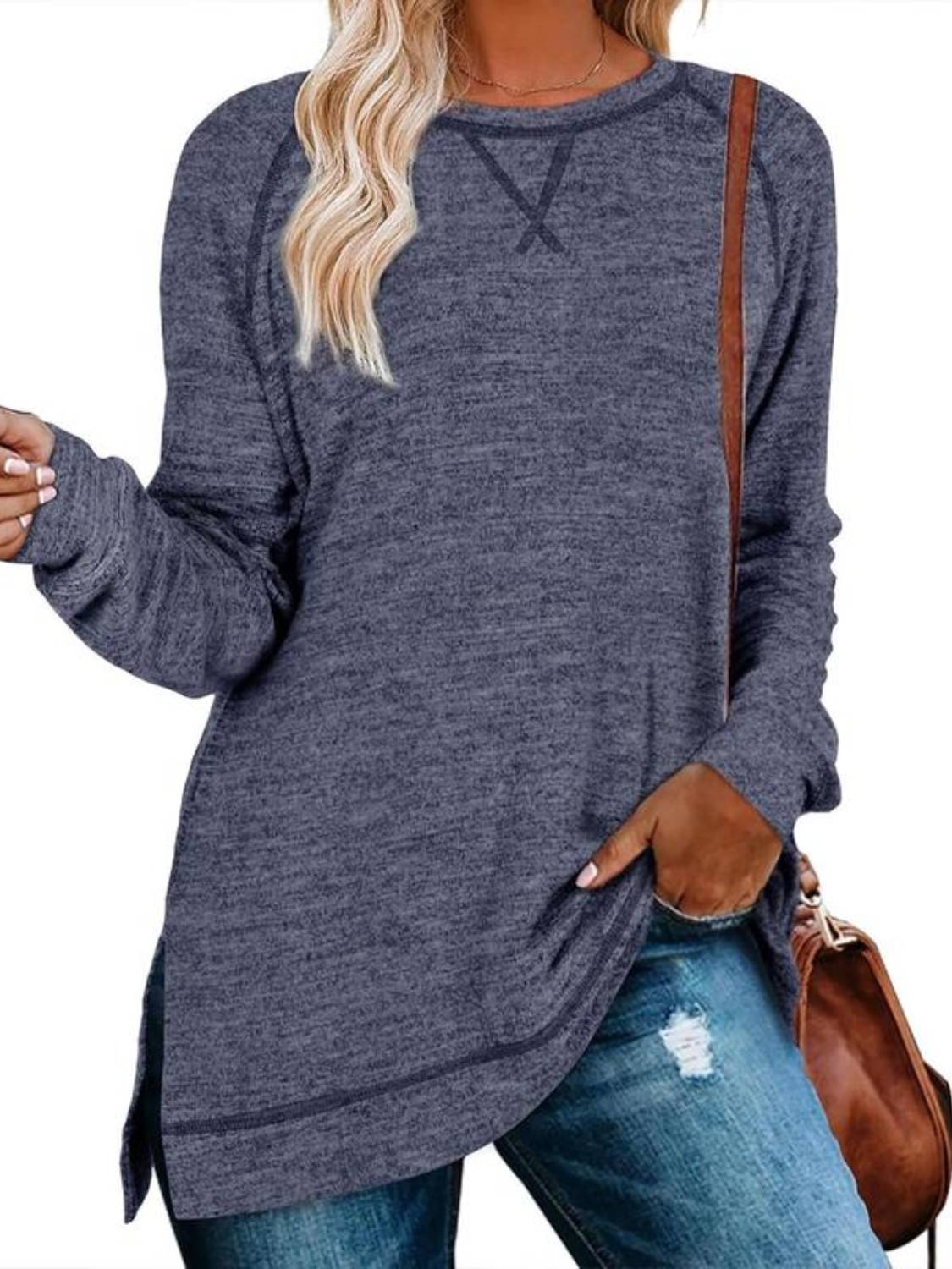 Limited time sale🔥Women Fall Side slit Long Sleeve Shirts Tunic Tops