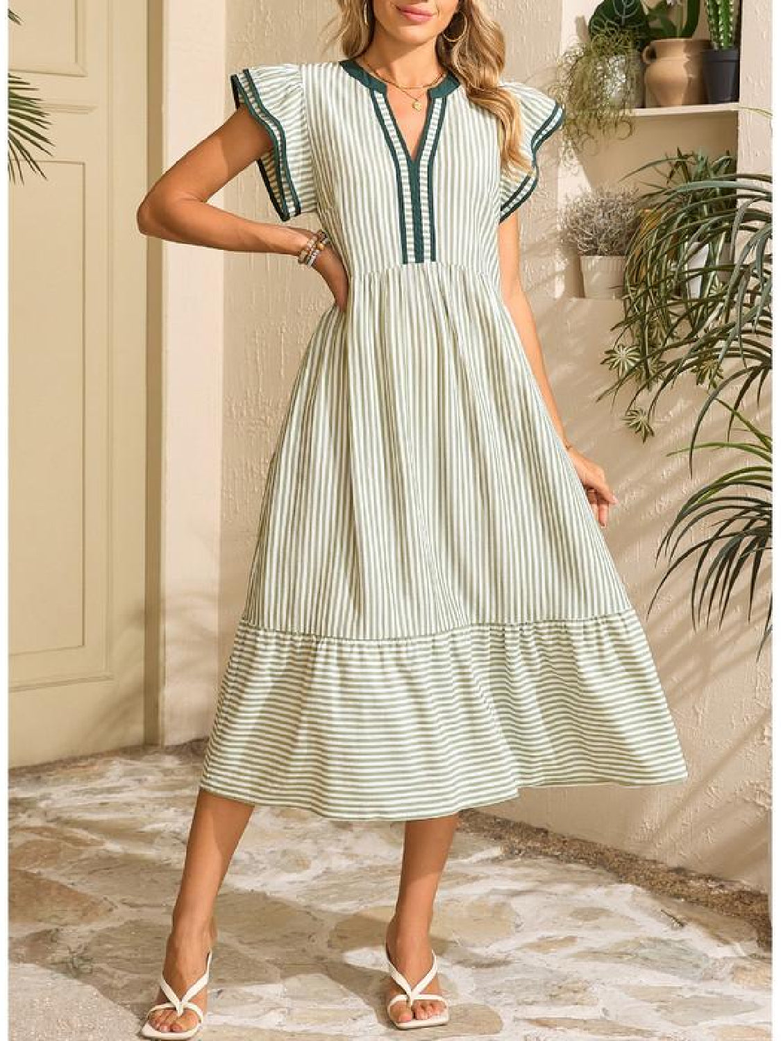 Limited time sale🔥Women's V-Neck Ruffle Striped Beach Midi Maxi Dress with Pockets