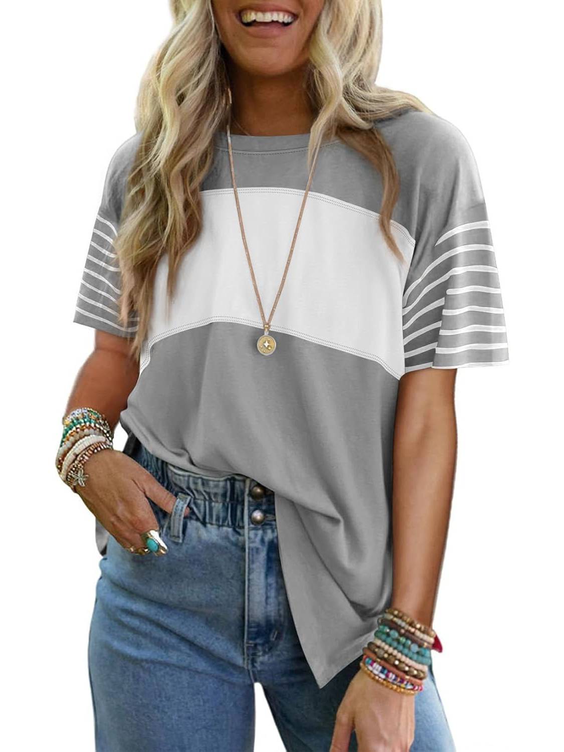 Limited time sale🔥Womens Oversized Color Block Striped Shirts Top