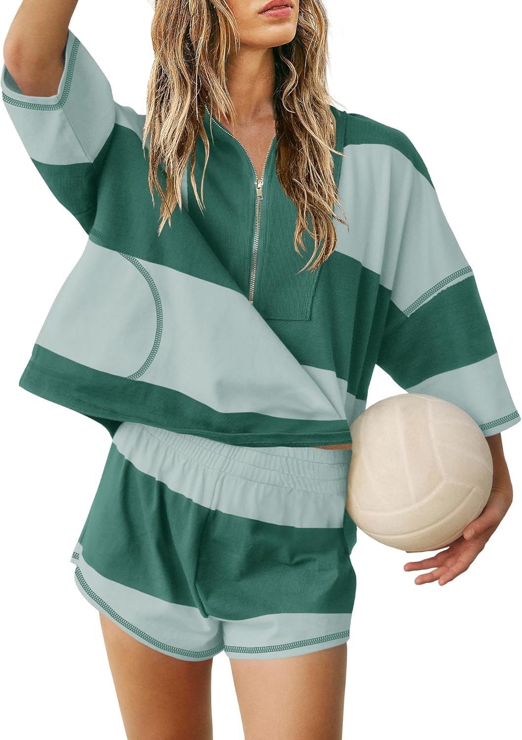 Limited time sale🔥Women's Quarter Zip Color Block Top & Shorts Matching Set