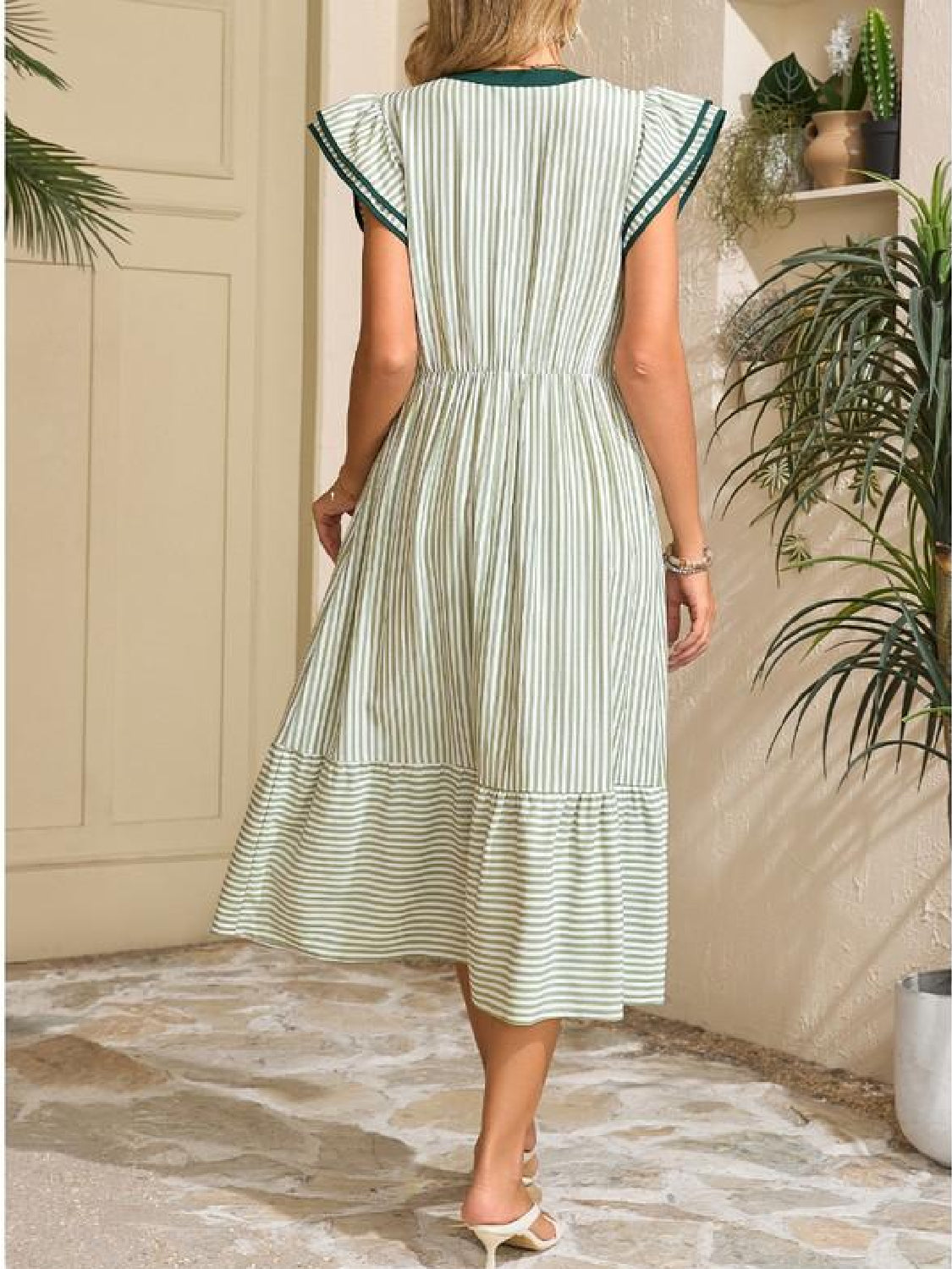 Limited time sale🔥Women's V-Neck Ruffle Striped Beach Midi Maxi Dress with Pockets