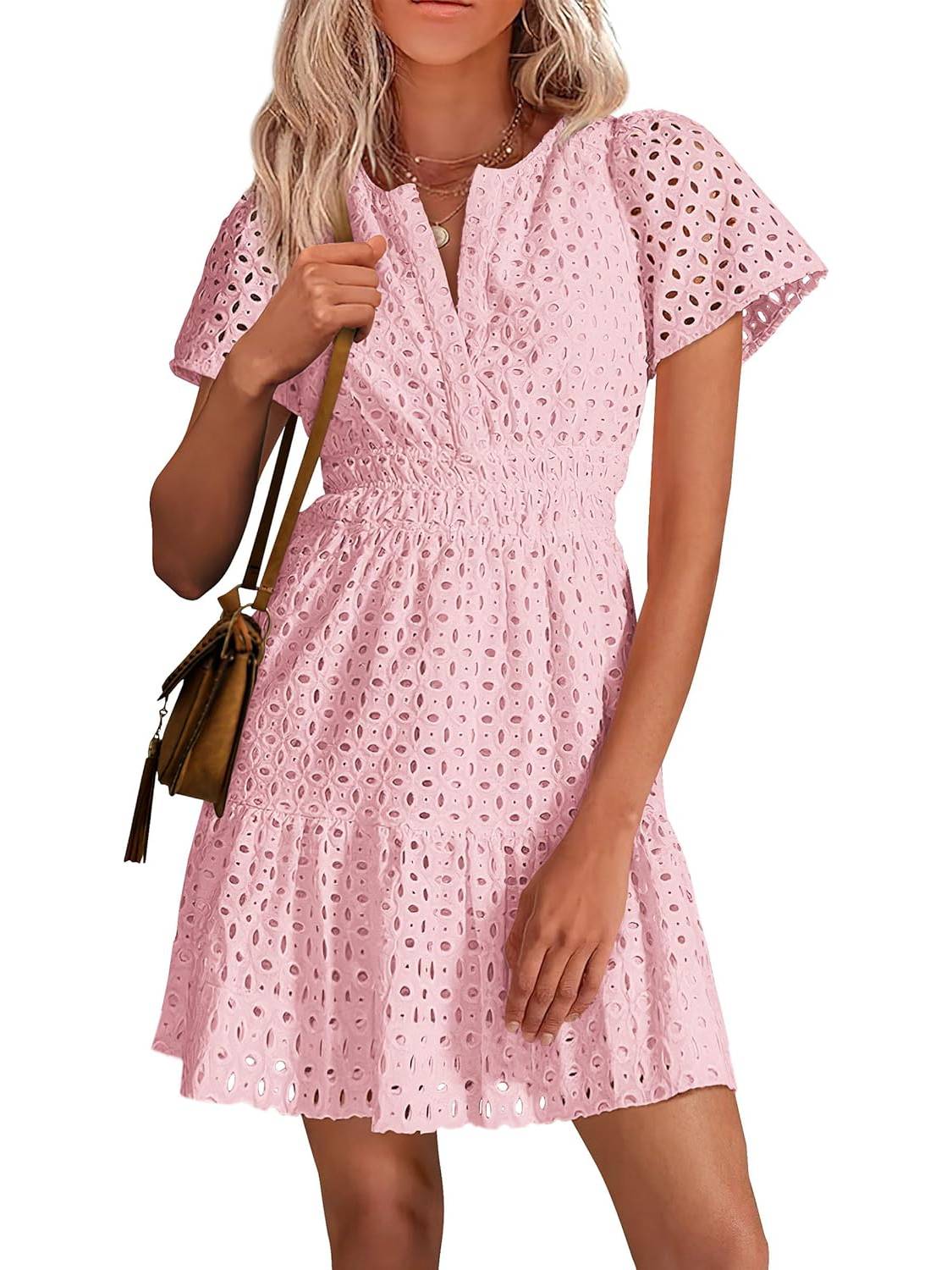 Limited time sale🔥Women's V Neck Short Sleeve A Line Hollow Out Lace Dress