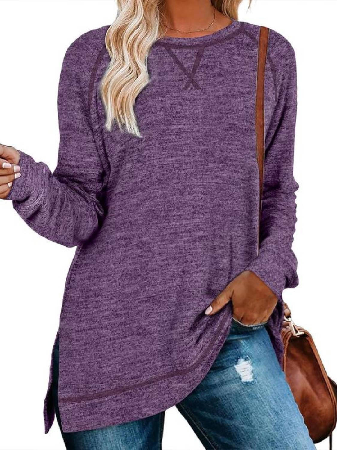 Limited time sale🔥Women Fall Side slit Long Sleeve Shirts Tunic Tops