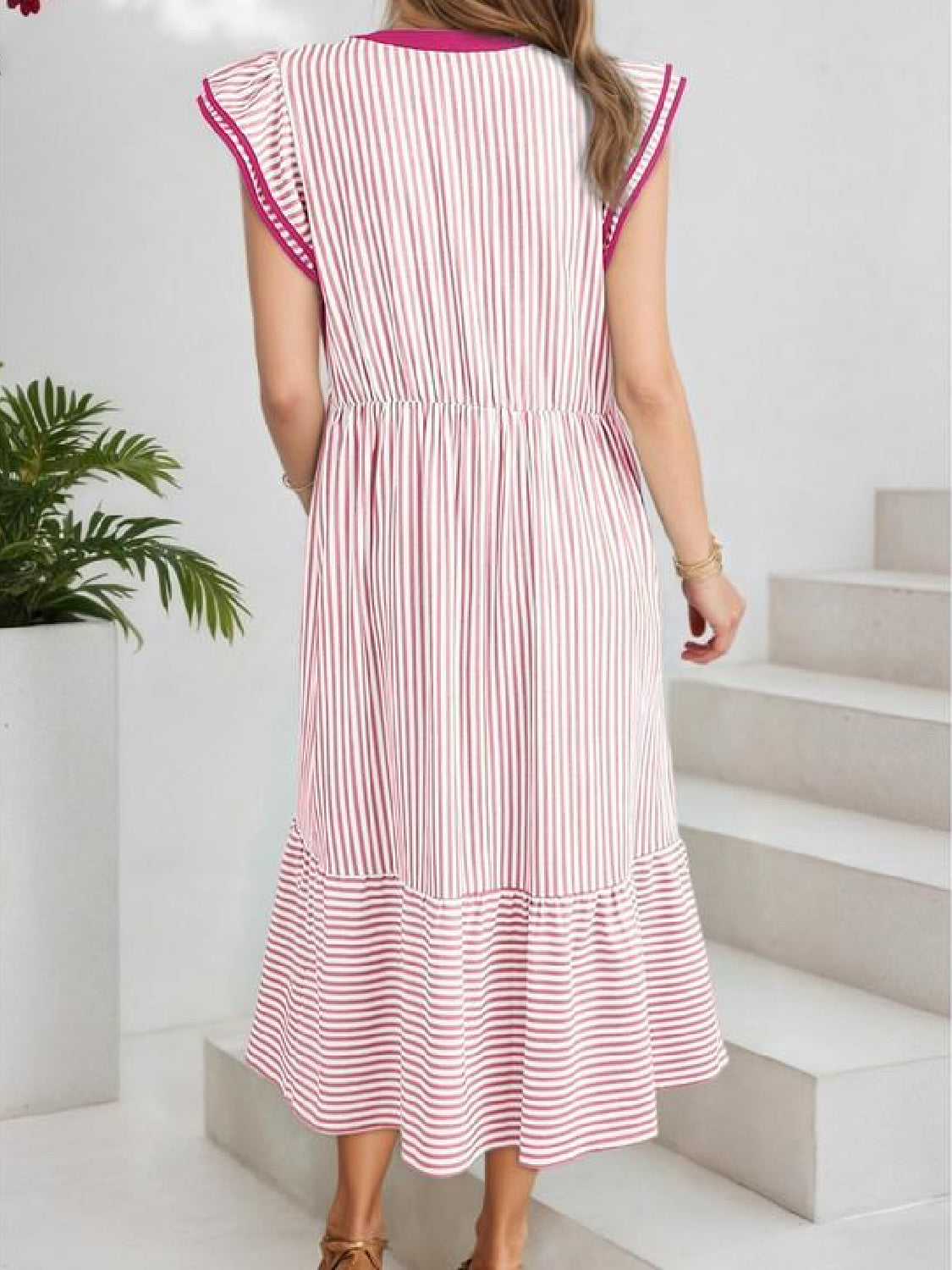 Limited time sale🔥Women's V-Neck Ruffle Striped Beach Midi Maxi Dress with Pockets