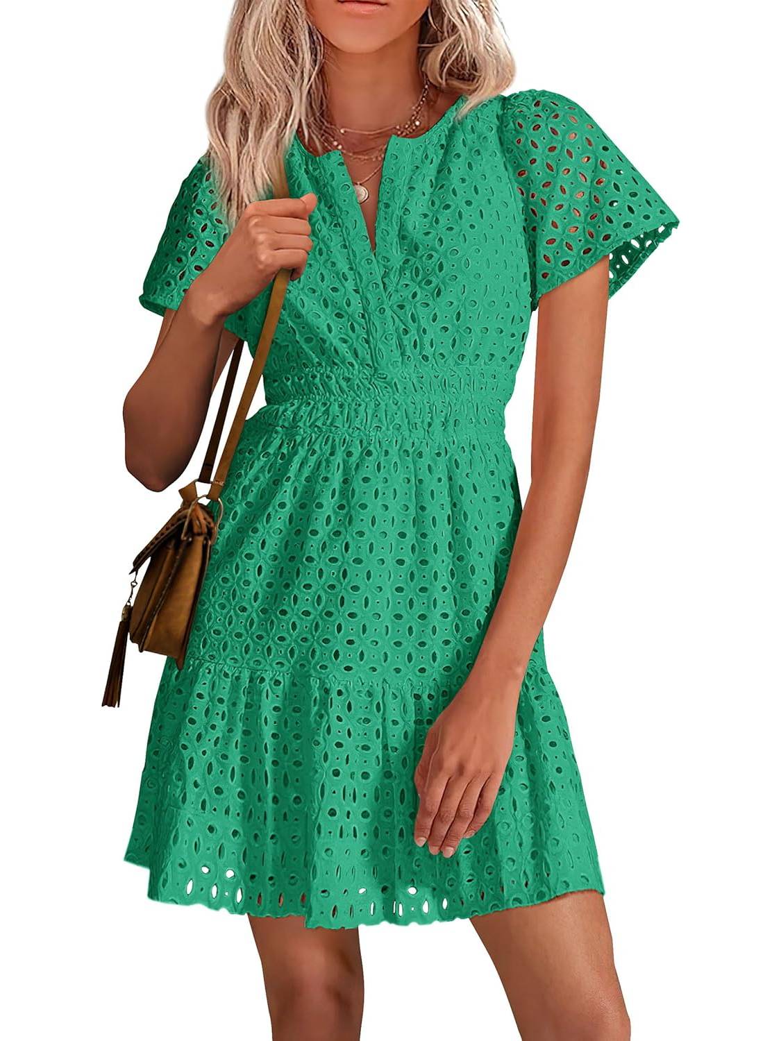 Limited time sale🔥Women's V Neck Short Sleeve A Line Hollow Out Lace Dress