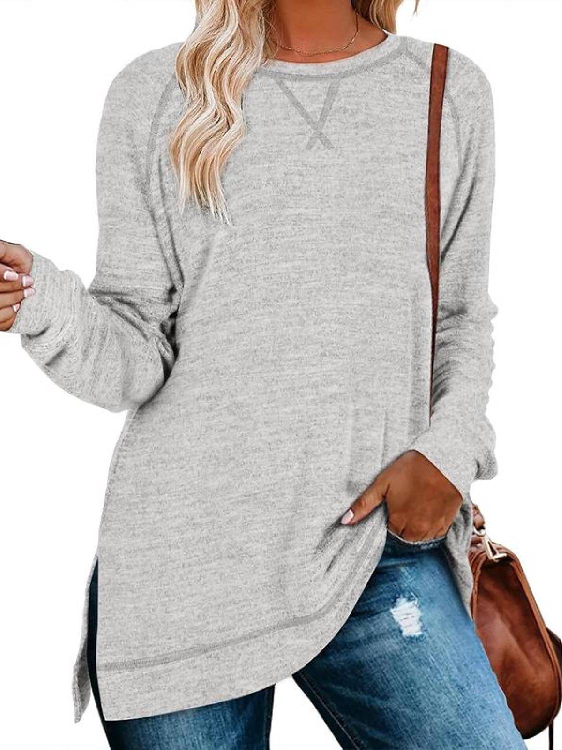 Limited time sale🔥Women Fall Side slit Long Sleeve Shirts Tunic Tops