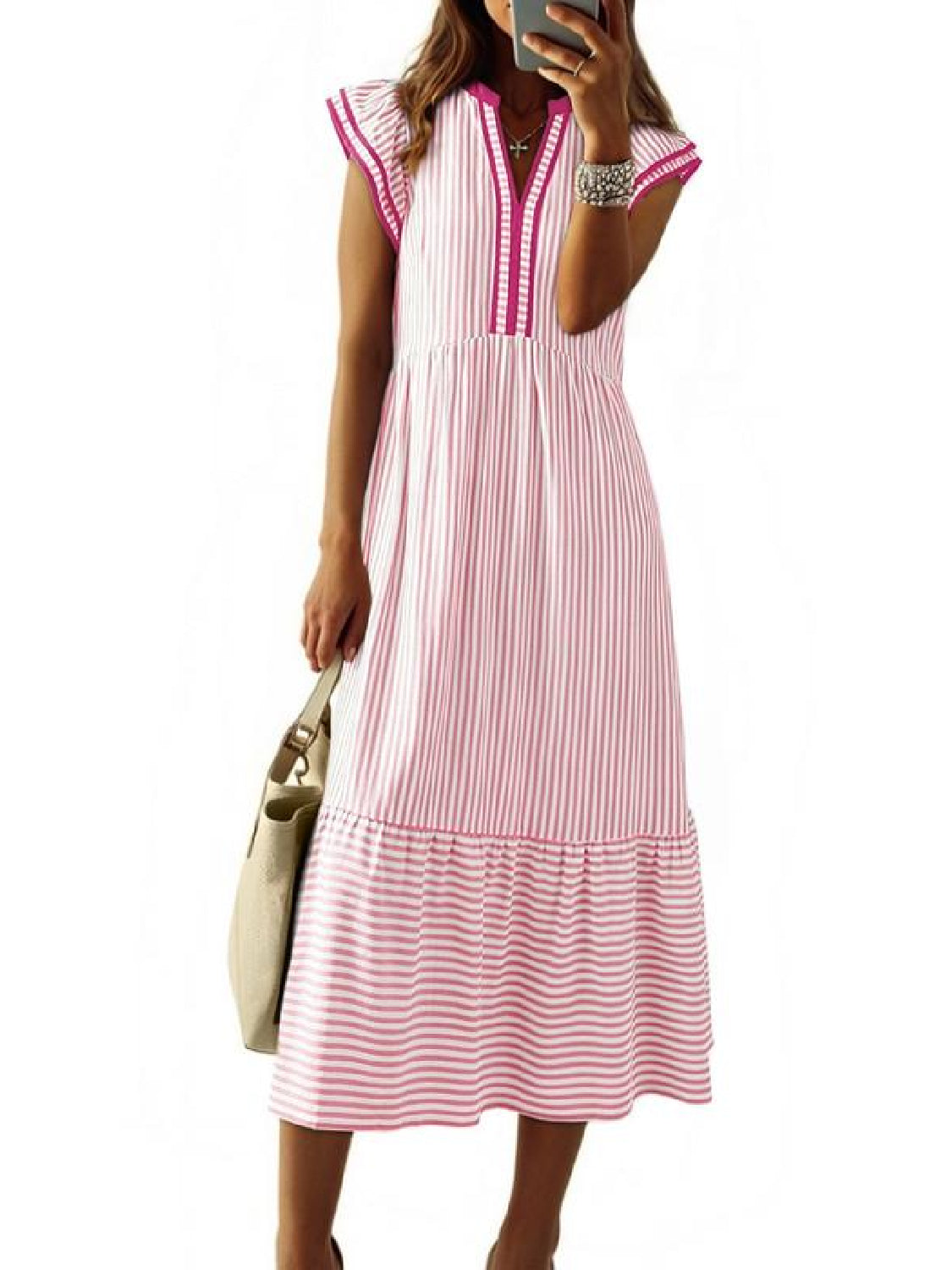Limited time sale🔥Women's V-Neck Ruffle Striped Beach Midi Maxi Dress with Pockets