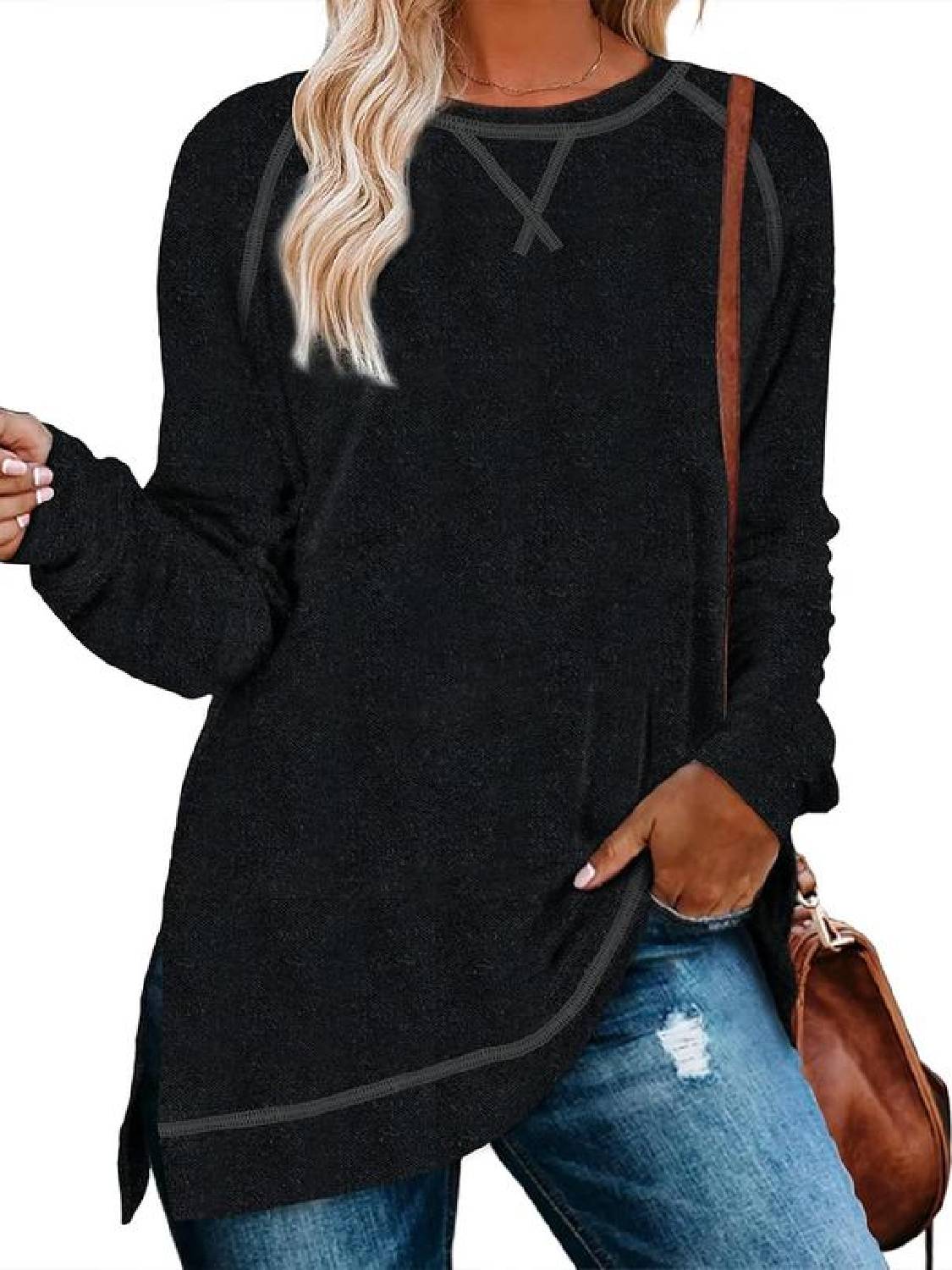 Limited time sale🔥Women Fall Side slit Long Sleeve Shirts Tunic Tops