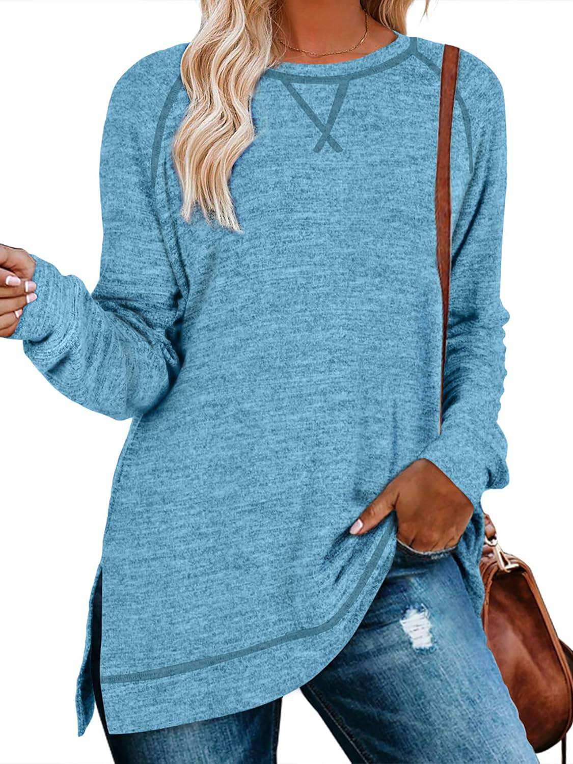 Limited time sale🔥Women Fall Side slit Long Sleeve Shirts Tunic Tops