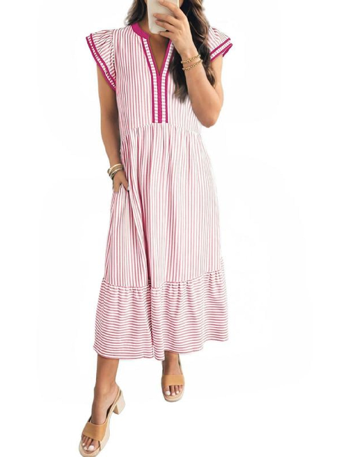 Limited time sale🔥Women's V-Neck Ruffle Striped Beach Midi Maxi Dress with Pockets