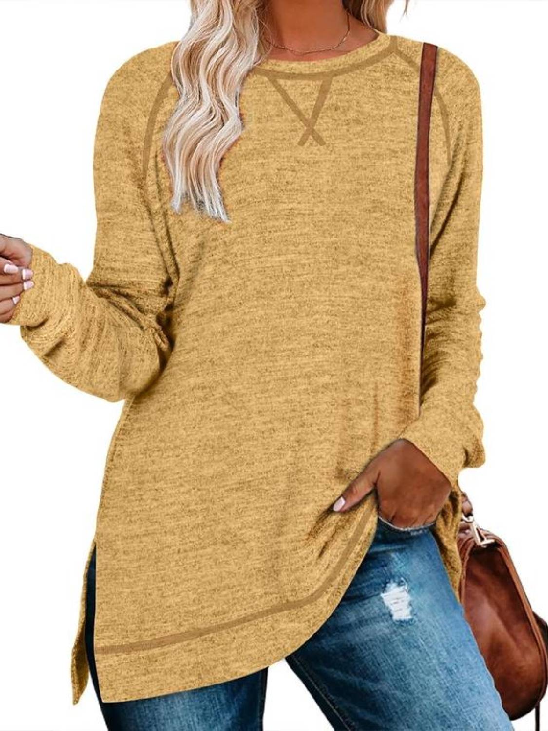 Limited time sale🔥Women Fall Side slit Long Sleeve Shirts Tunic Tops